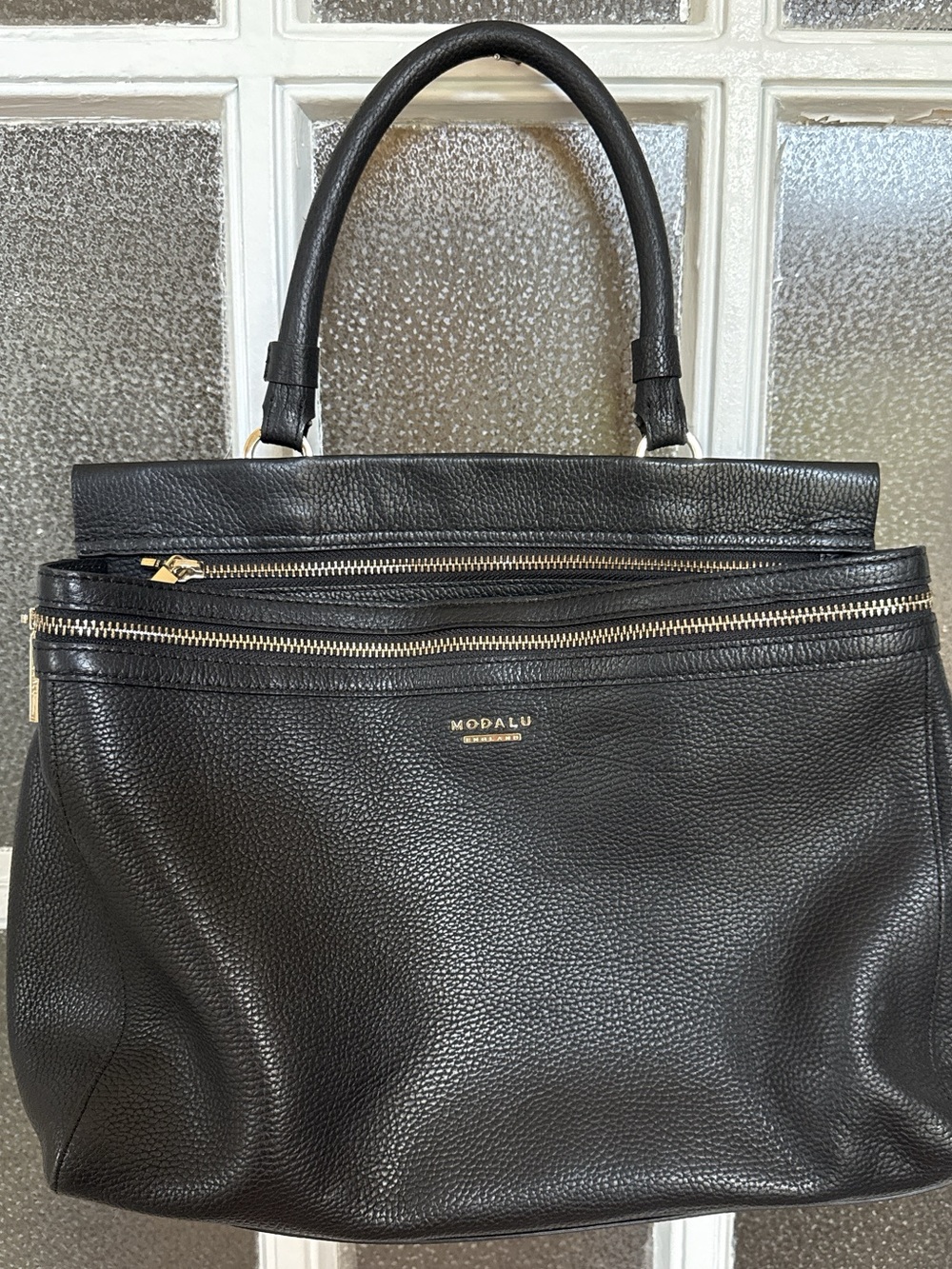Modalu London Pippa Black Pebbled Leather Multi Zip Grab Satchel Handbag